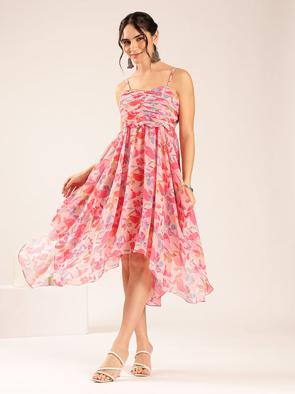 Pink Floral Up Down  Georgette Stitched Dress
