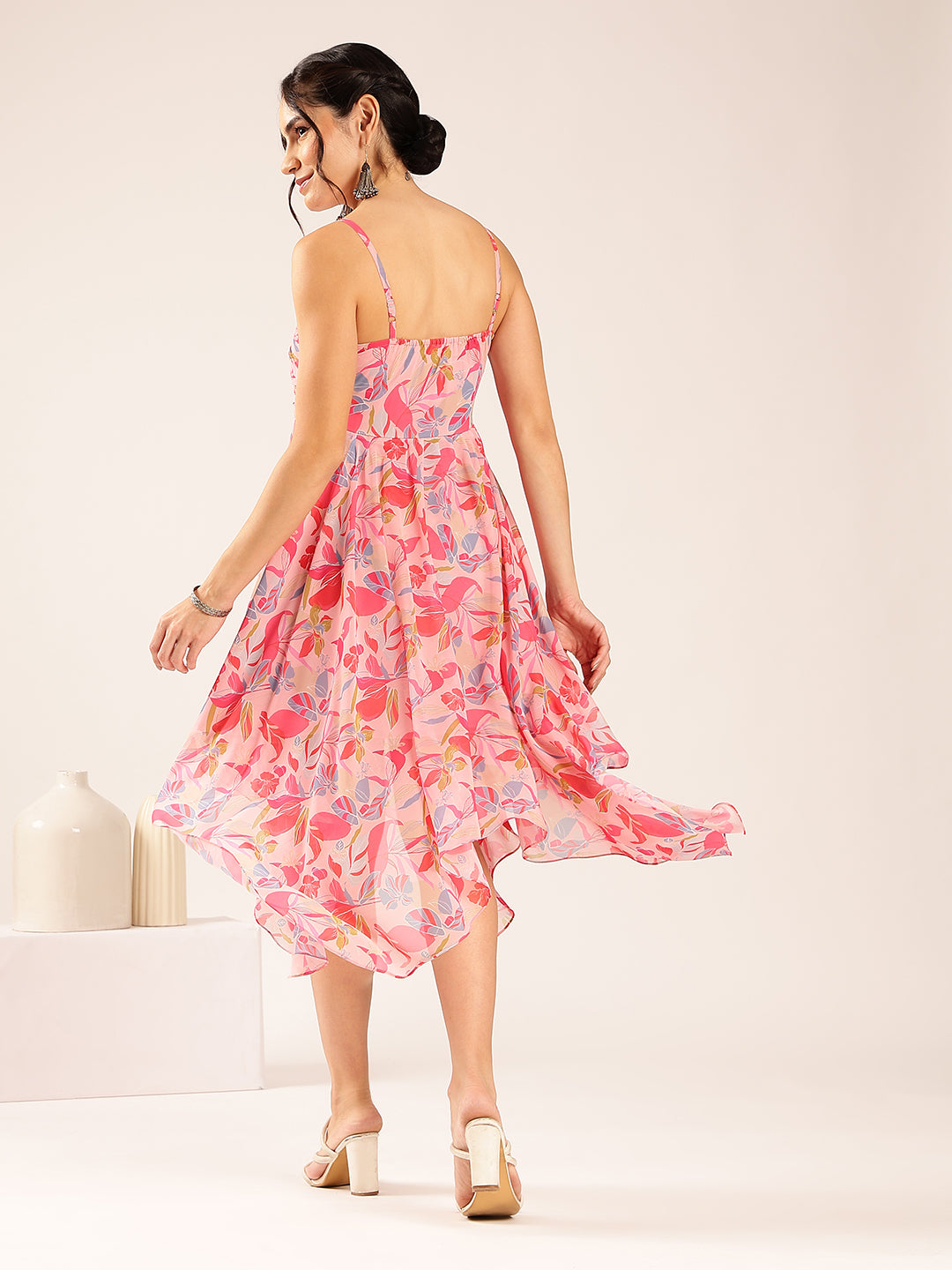 Pink Floral Up Down  Georgette Stitched Dress