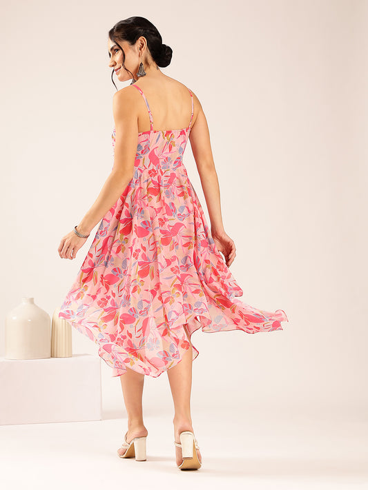 Pink Floral Up Down  Georgette Stitched Dress