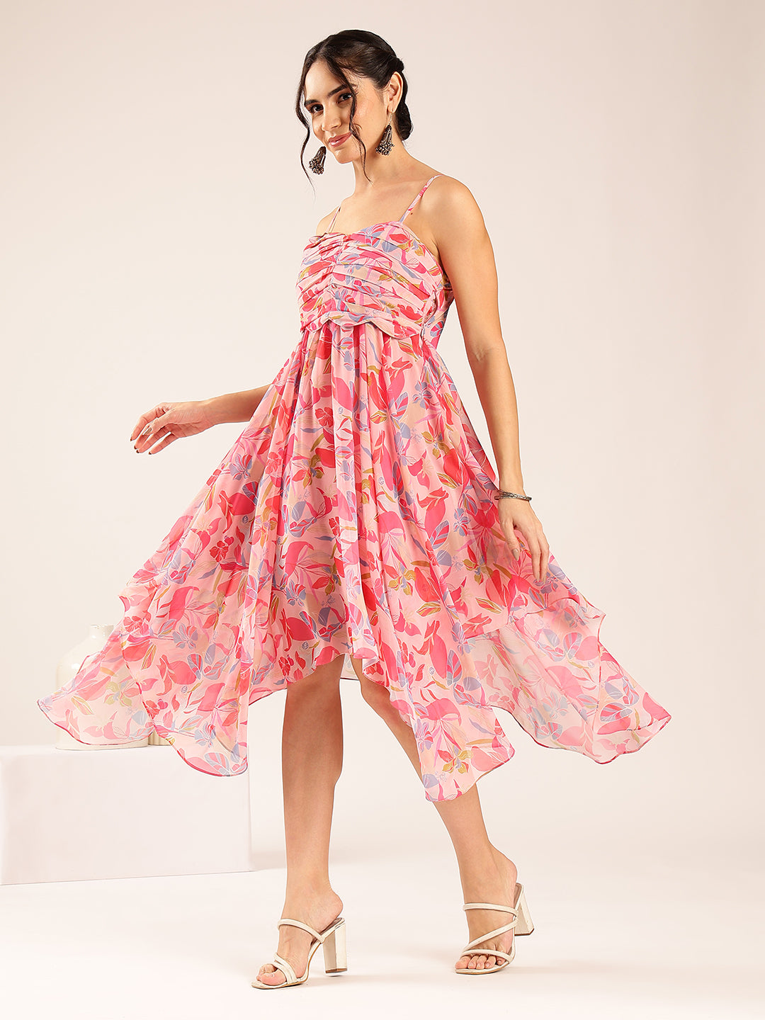 Pink Floral Up Down  Georgette Stitched Dress