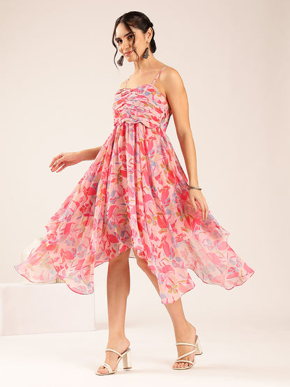 Pink Floral Up Down  Georgette Stitched Dress