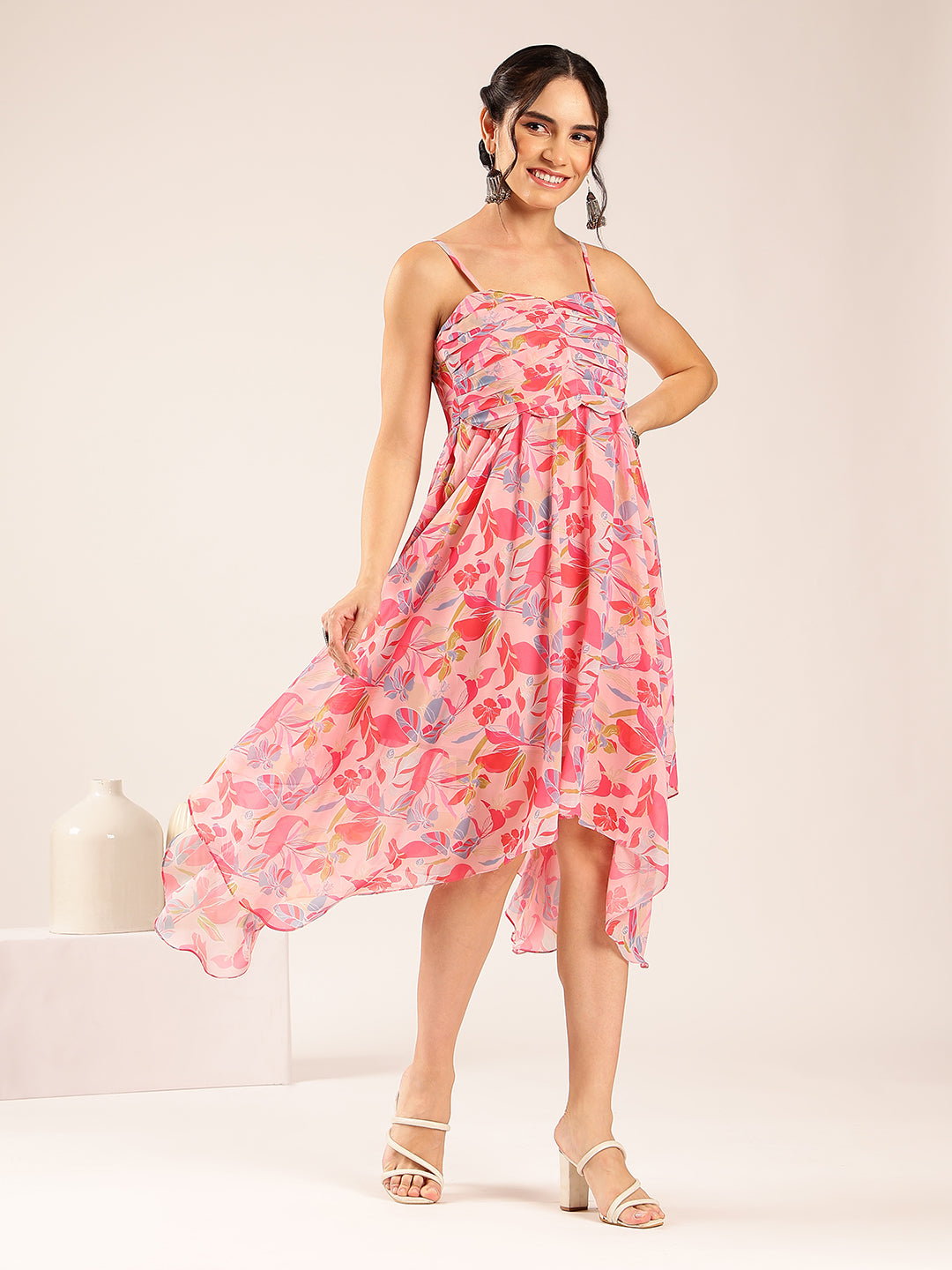 Pink Floral Up Down  Georgette Stitched Dress