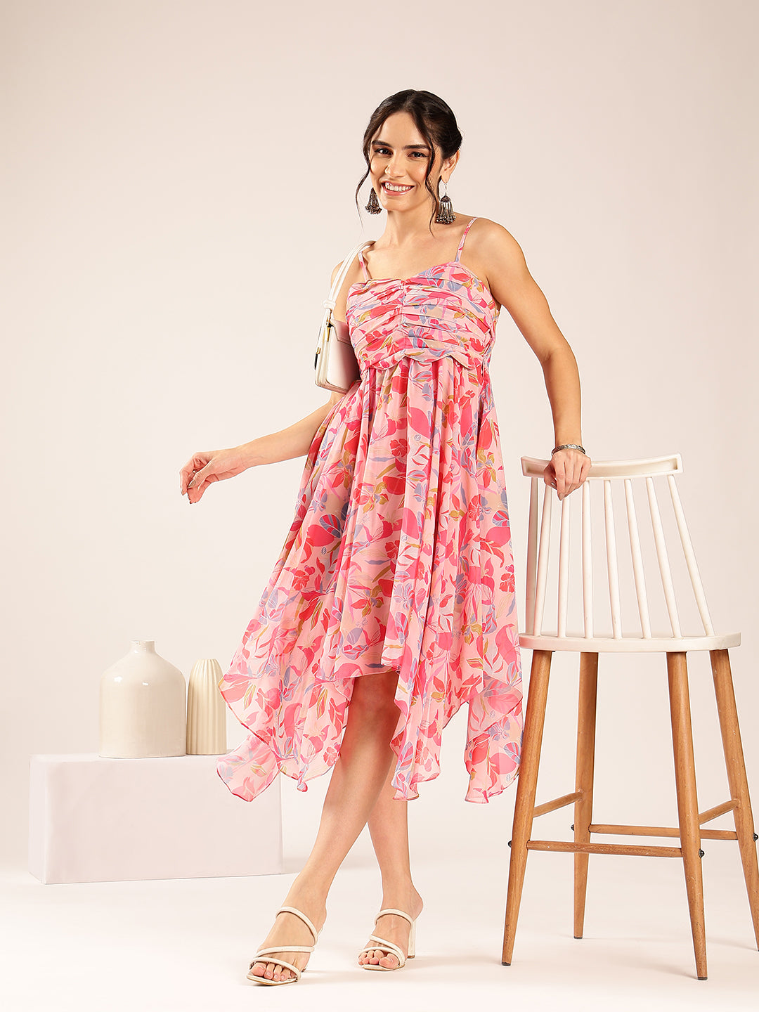 Pink Floral Up Down  Georgette Stitched Dress