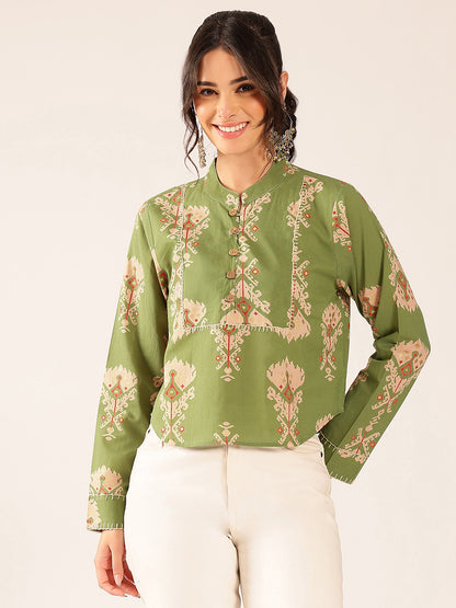 Parrot Green Ikat Print Curved Cotton Stitched Top
