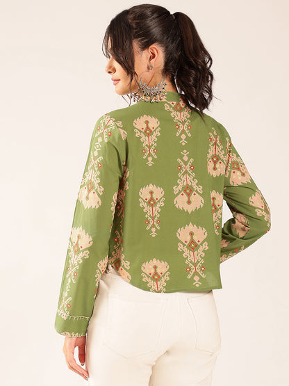 Parrot Green Ikat Print Curved Cotton Stitched Top