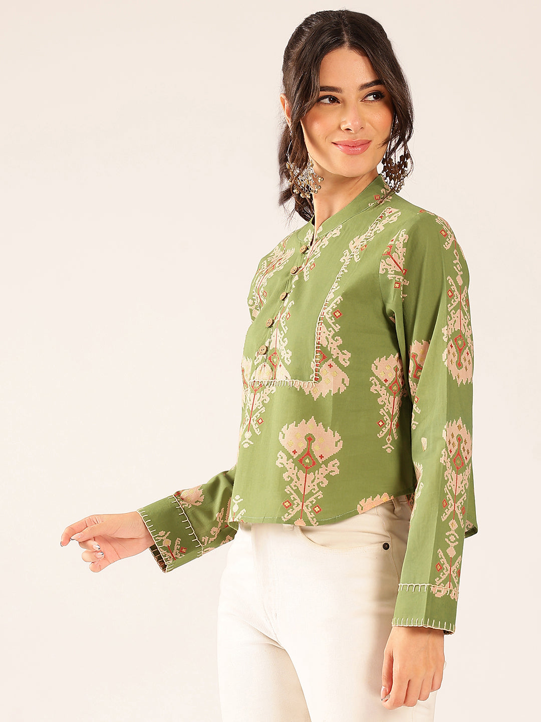 Parrot Green Ikat Print Curved Cotton Stitched Top