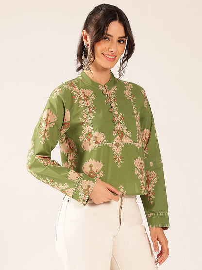 Parrot Green Ikat Print Curved Cotton Stitched Top