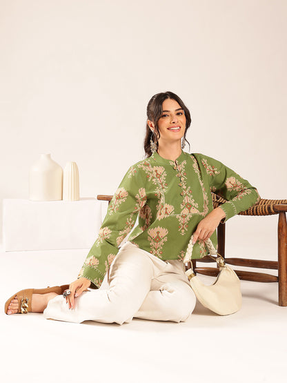 Parrot Green Ikat Print Curved Cotton Stitched Top