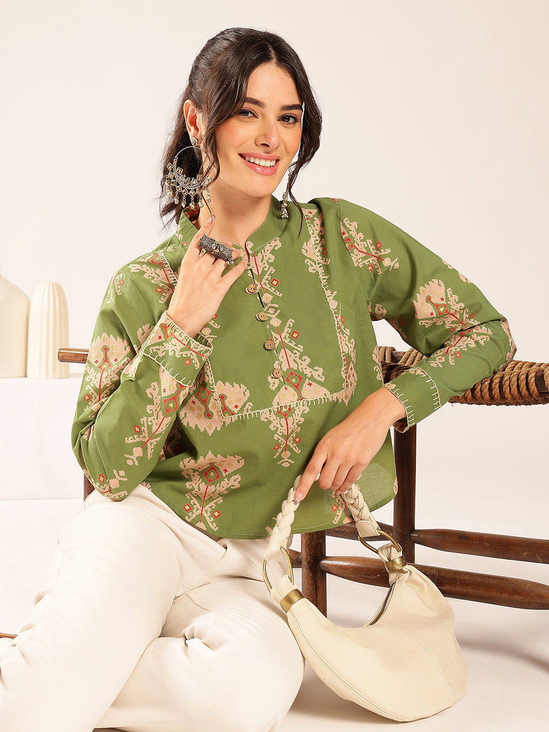 Parrot Green Ikat Print Curved Cotton Stitched Top