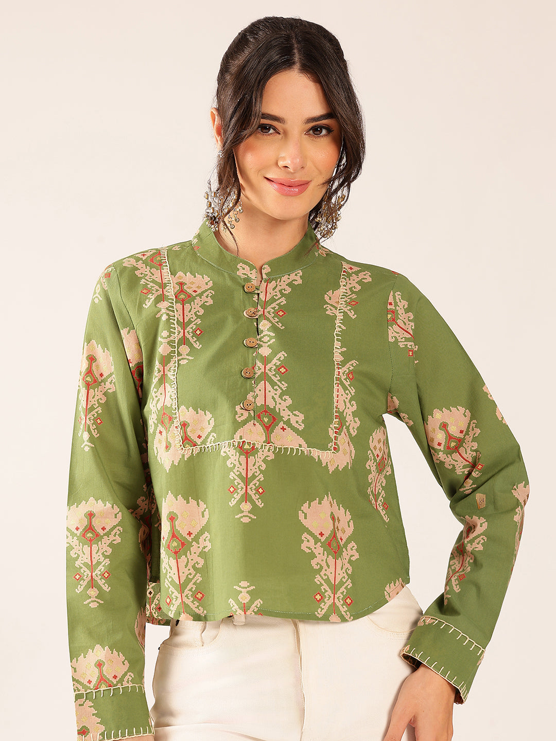Parrot Green Ikat Print Curved Cotton Stitched Top