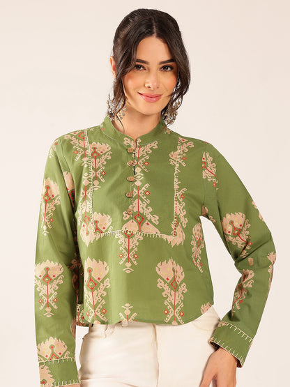 Parrot Green Ikat Print Curved Cotton Stitched Top