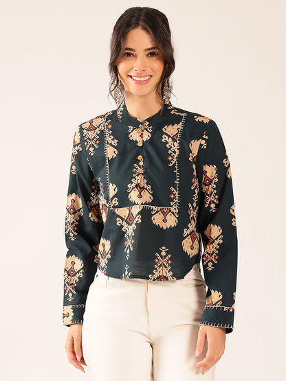 Navy Ikat Print Curved Cotton Stitched Top