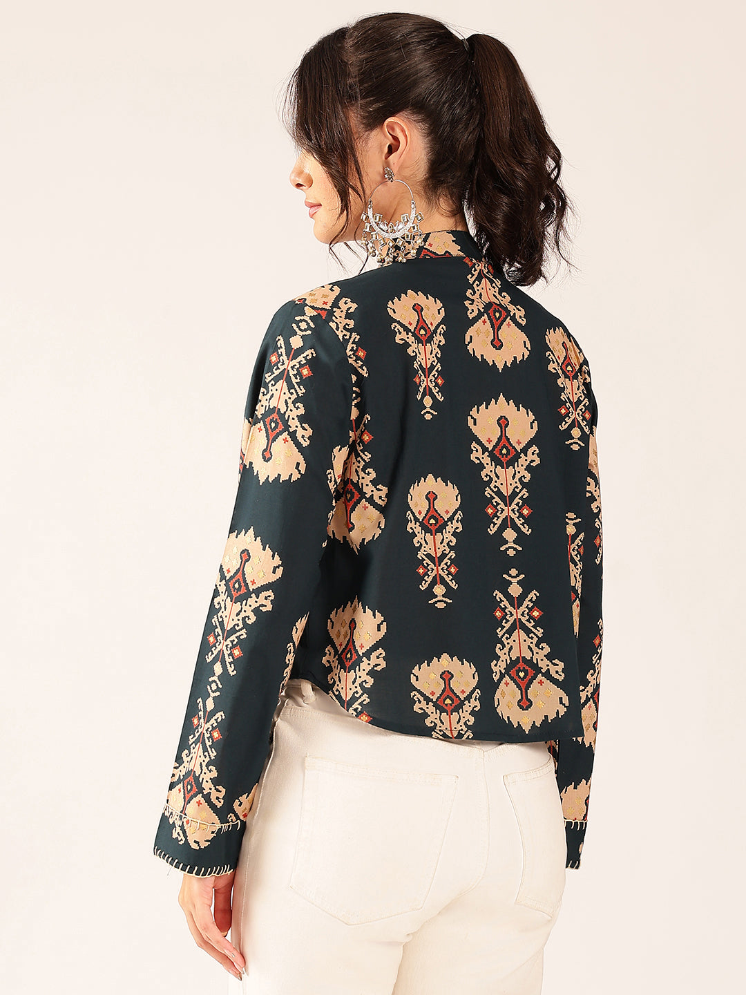 Navy Ikat Print Curved Cotton Stitched Top