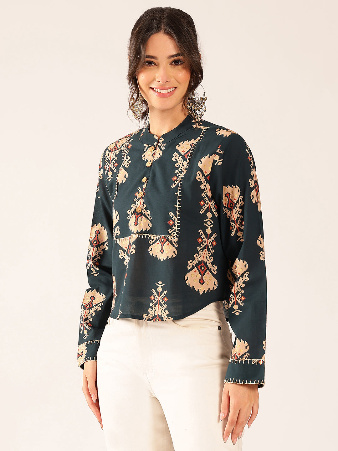 Navy Ikat Print Curved Cotton Stitched Top