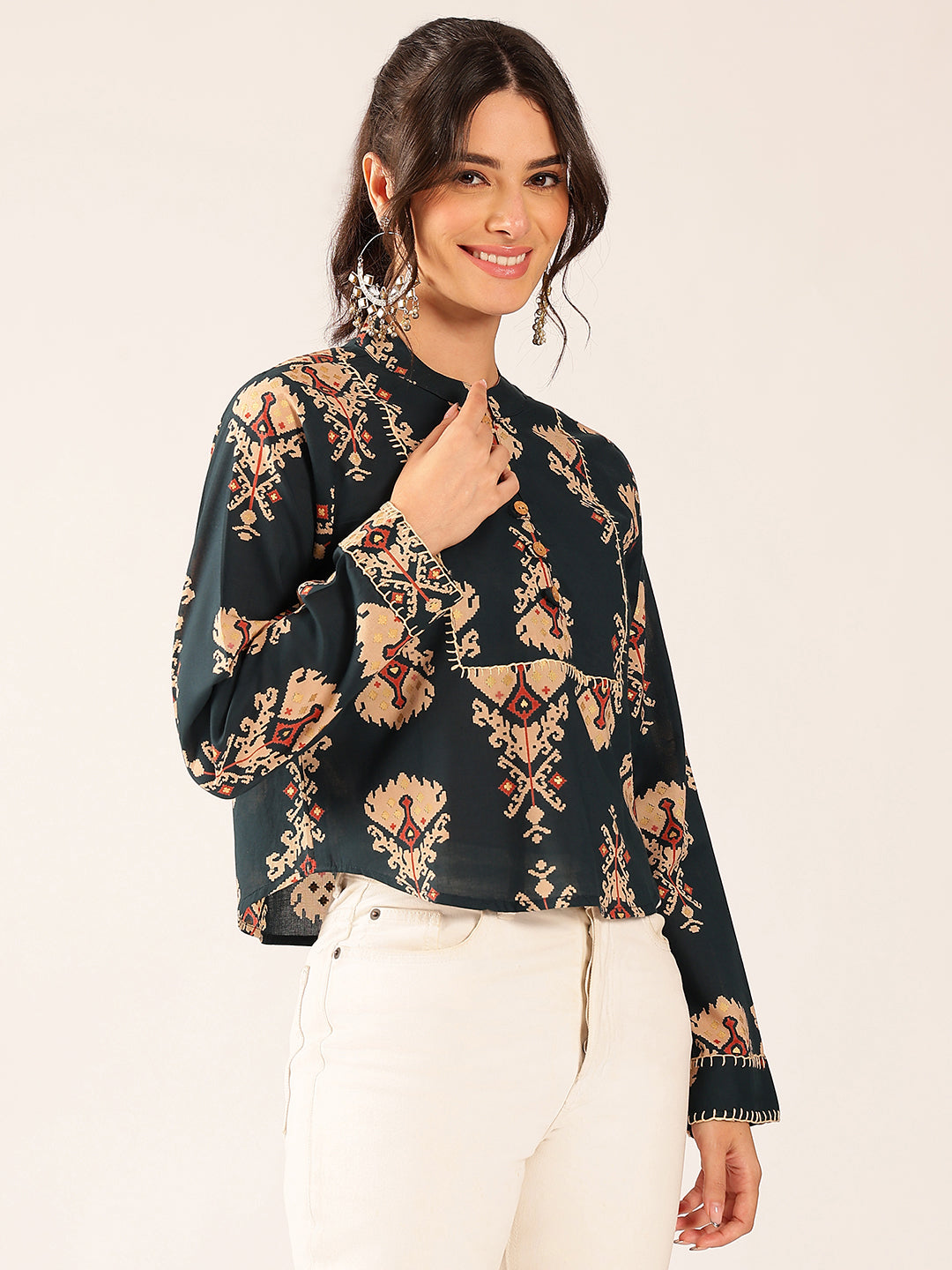 Navy Ikat Print Curved Cotton Stitched Top