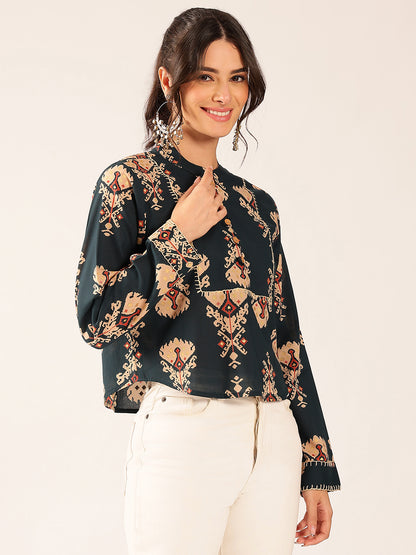 Navy Ikat Print Curved Cotton Stitched Top