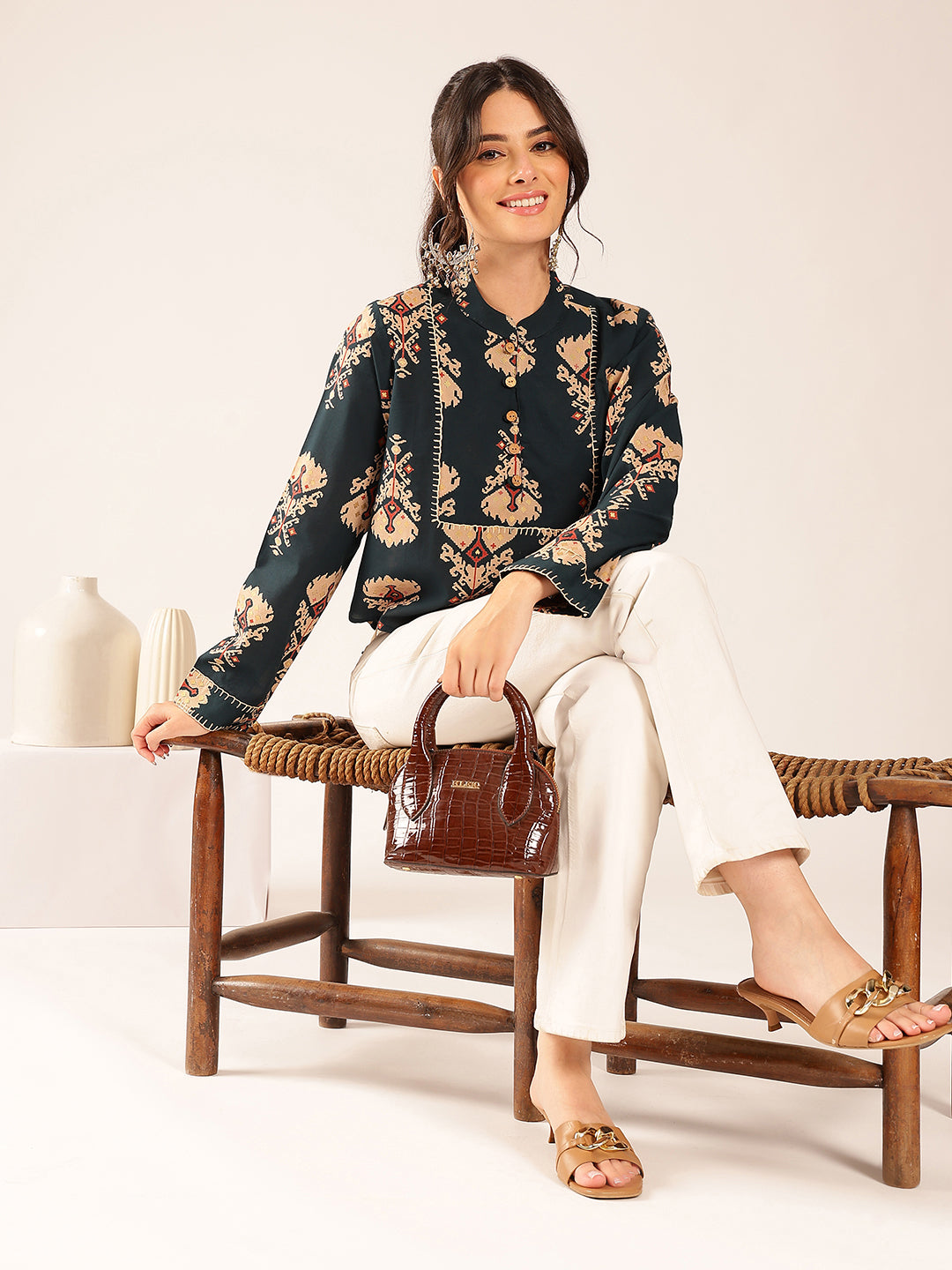Navy Ikat Print Curved Cotton Stitched Top