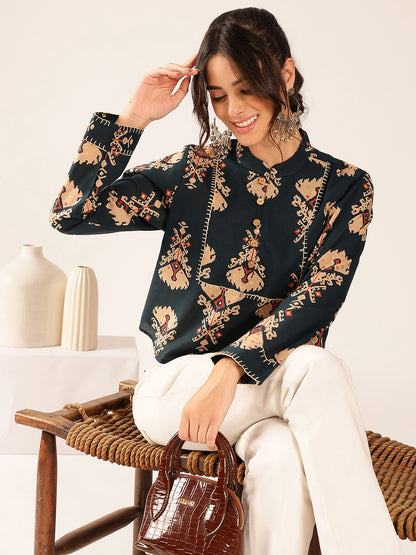 Navy Ikat Print Curved Cotton Stitched Top