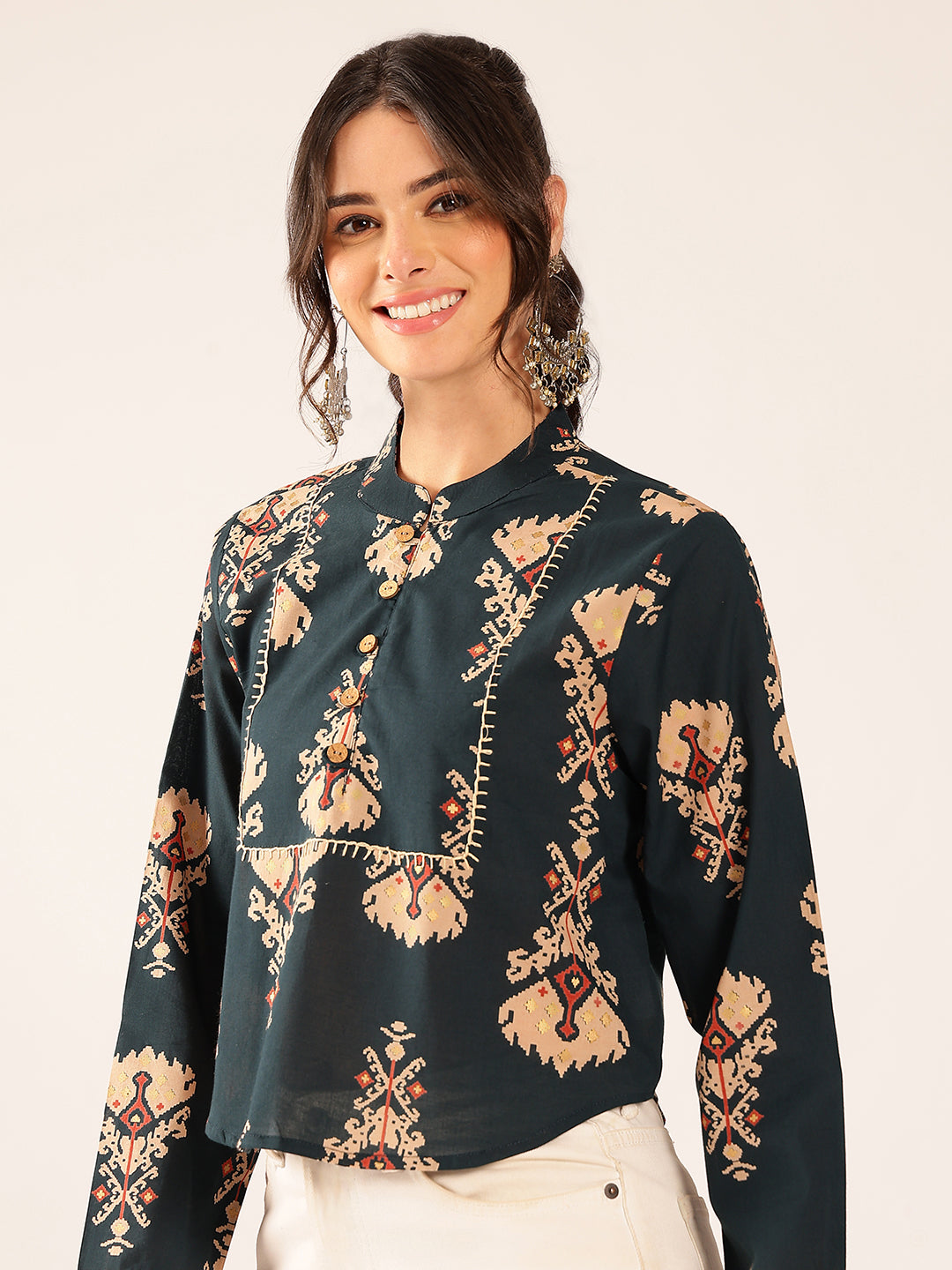 Navy Ikat Print Curved Cotton Stitched Top