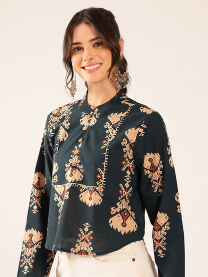 Navy Ikat Print Curved Cotton Stitched Top