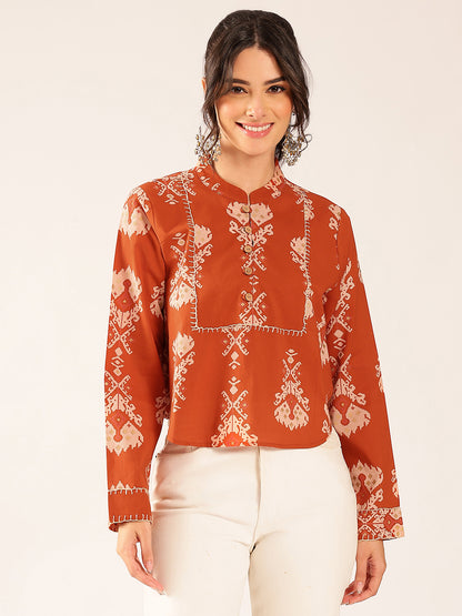 Rust Ikat Print Curved Cotton Stitched Top