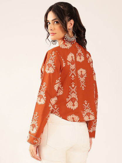 Rust Ikat Print Curved Cotton Stitched Top