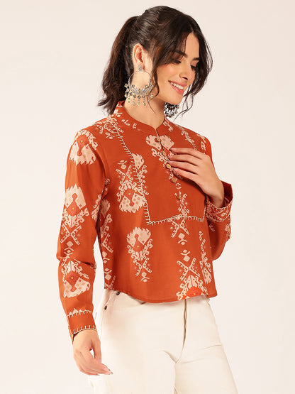 Rust Ikat Print Curved Cotton Stitched Top