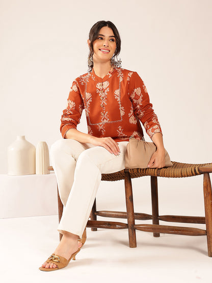 Rust Ikat Print Curved Cotton Stitched Top