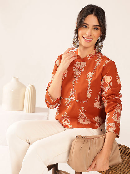 Rust Ikat Print Curved Cotton Stitched Top