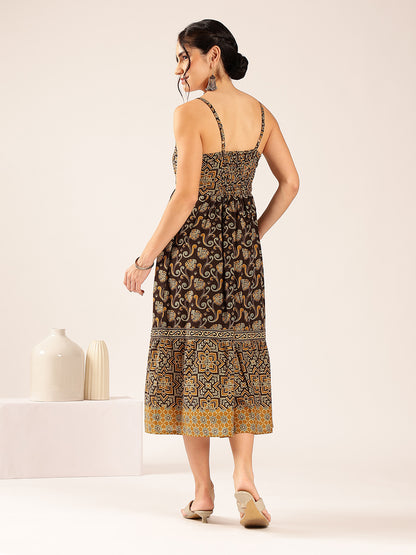 Brown Geometric Print Flared Cotton Stitched Dress