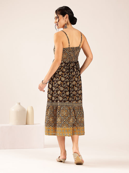 Brown Geometric Print Flared Cotton Stitched Dress