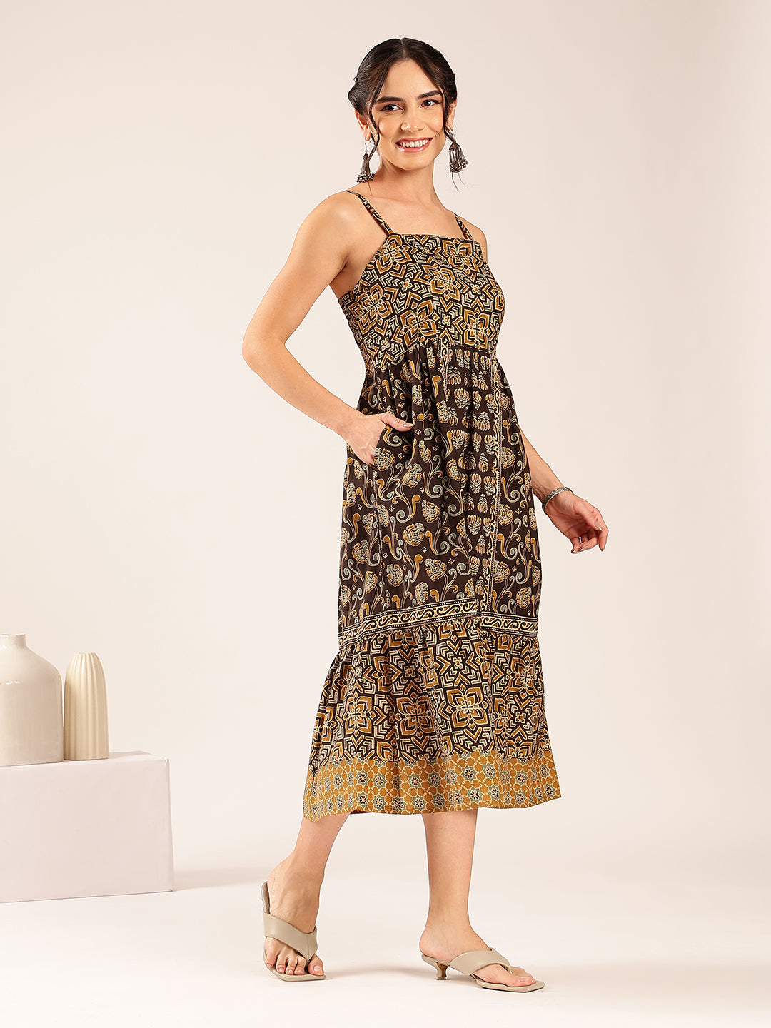 Brown Geometric Print Flared Cotton Stitched Dress