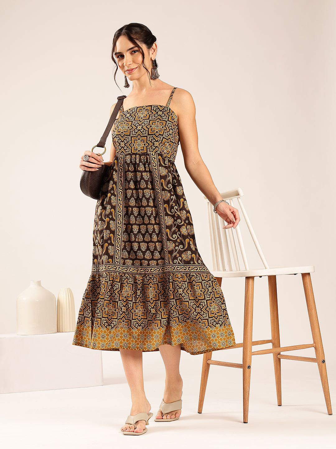 Brown Geometric Print Flared Cotton Stitched Dress