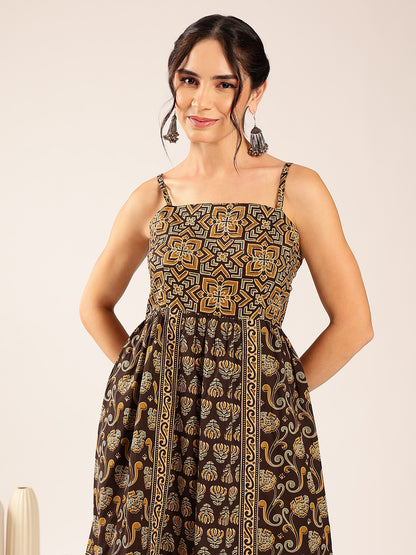 Brown Geometric Print Flared Cotton Stitched Dress
