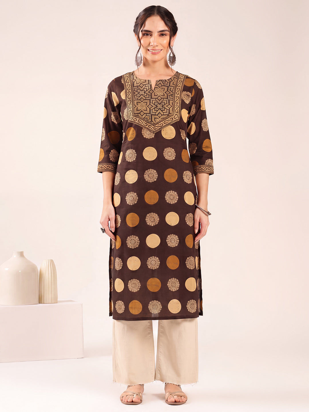 Brown Ajrakh Straight Cotton Kurta