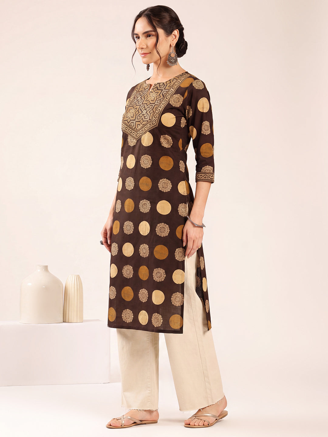 Brown Ajrakh Straight Cotton Kurta