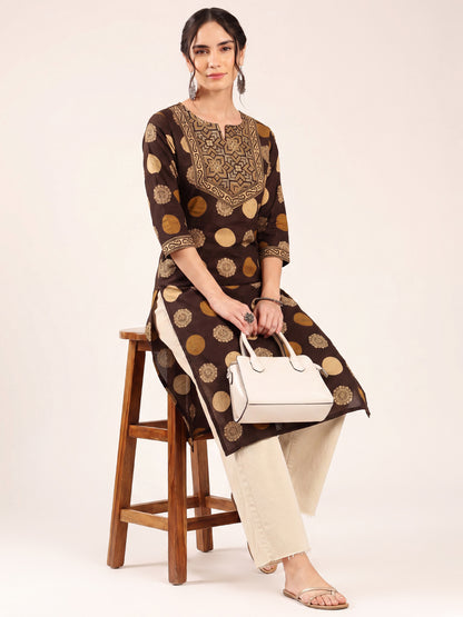 Brown Ajrakh Straight Cotton Kurta