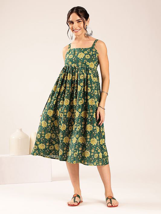 Teal Green Floral Flared Cotton Stitched Dress