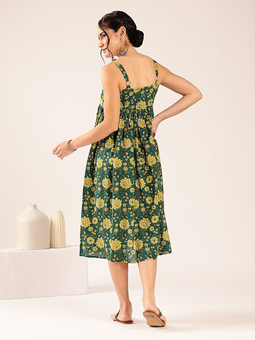 Teal Green Floral Flared Cotton Stitched Dress