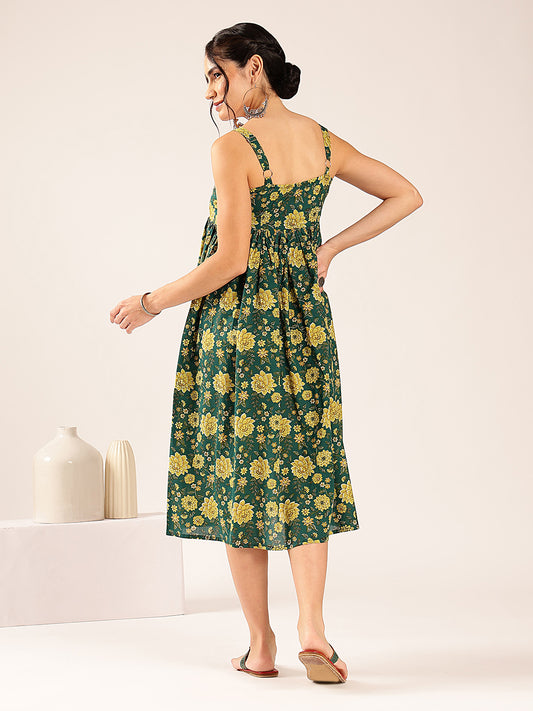 Teal Green Floral Flared Cotton Stitched Dress