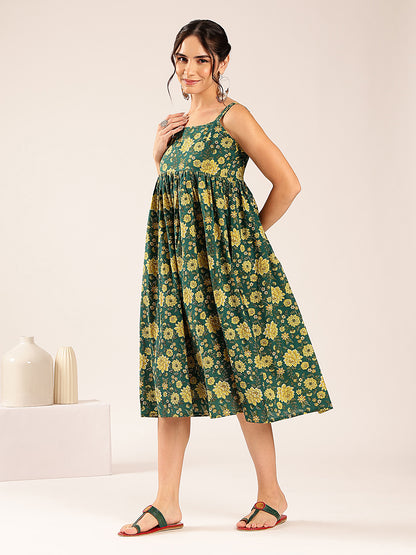 Teal Green Floral Flared Cotton Stitched Dress