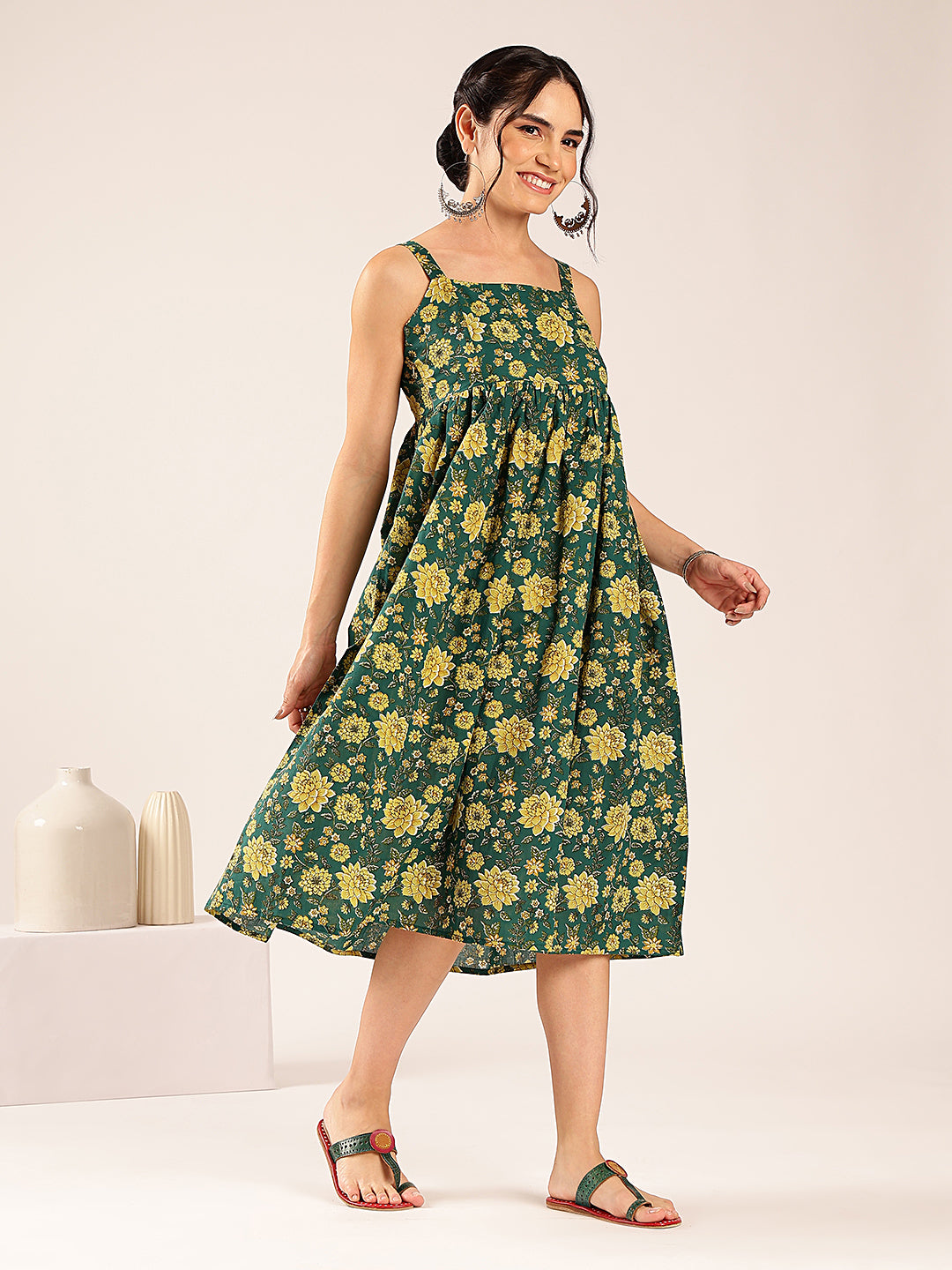 Teal Green Floral Flared Cotton Stitched Dress