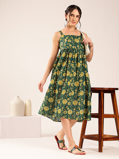 Teal Green Floral Flared Cotton Stitched Dress