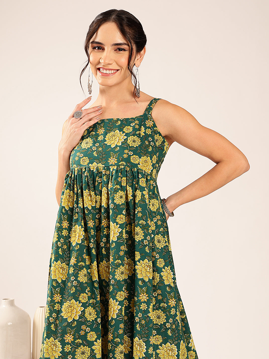 Teal Green Floral Flared Cotton Stitched Dress