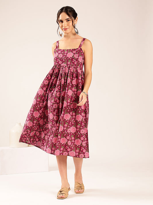 Magenta Floral Flared Cotton Stitched Dress
