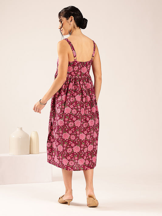 Magenta Floral Flared Cotton Stitched Dress