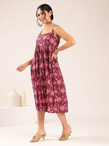 Magenta Floral Flared Cotton Stitched Dress
