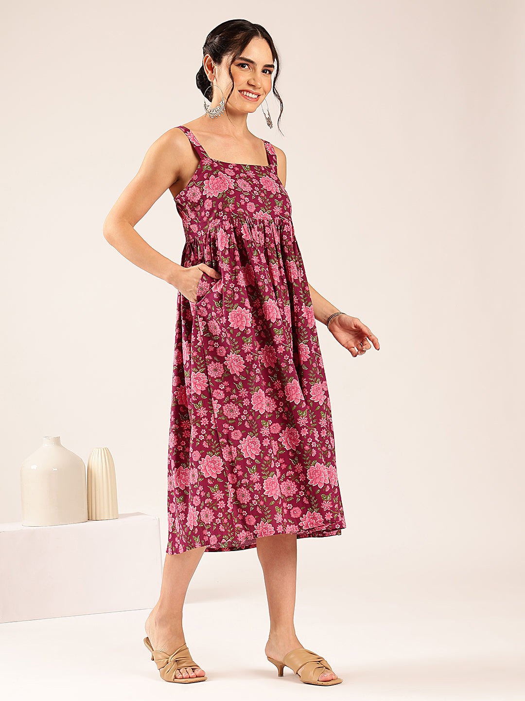 Magenta Floral Flared Cotton Stitched Dress