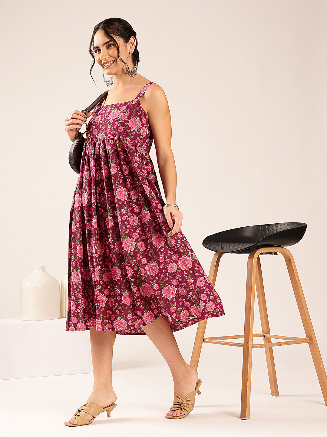 Magenta Floral Flared Cotton Stitched Dress