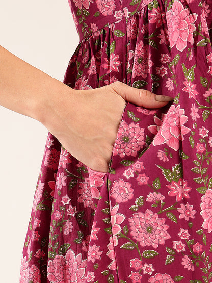 Magenta Floral Flared Cotton Stitched Dress